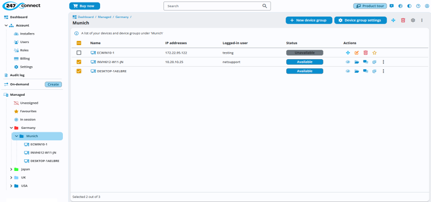 Web Portal with the Cambridge office device group selected under Managed. The main panel lists three devices by name, with associated IP addresses, logged-in users and status shown as Available in blue buttons. The Actions column includes icons for viewing, messaging, file transfer, and other options. At the top are buttons for New device group and Device group settings.